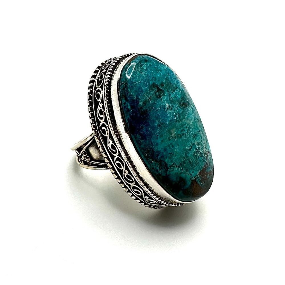 Oval Chrysocolla Designer 925 Sterling Silver Bezel Set Cocktail Ring Size 7